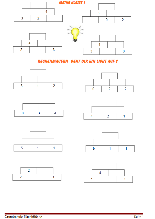 Arbeitsblatt Nachhilfe Mathe Klasse 1 Rechenmauern
